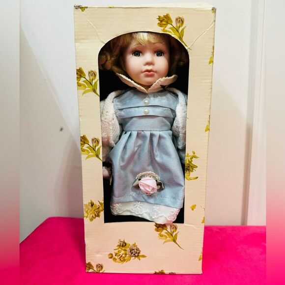 Vintage Unique Porcelain Hand painted Doll 11" in Blue Dress - Picture 2 of 11